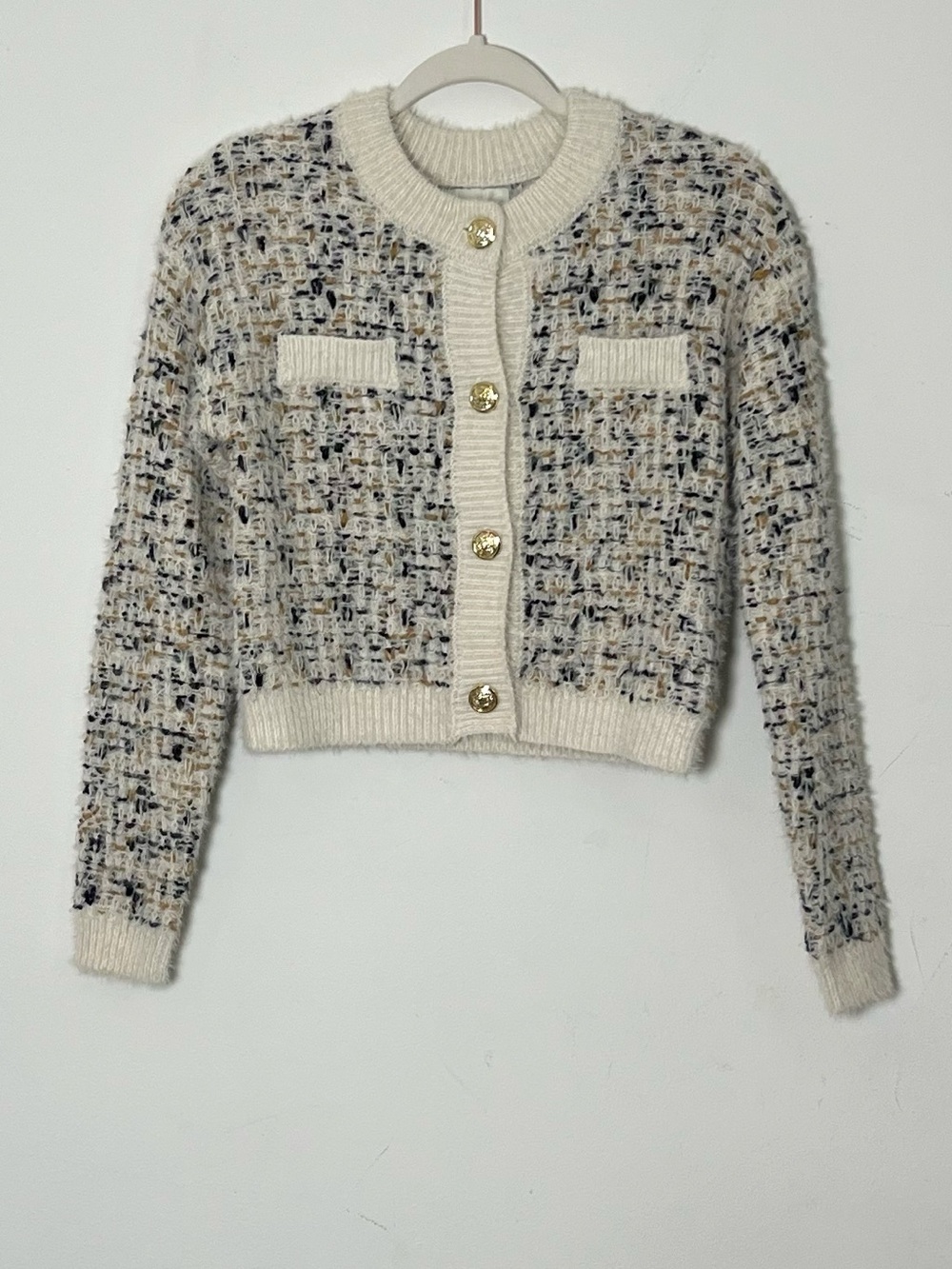 Freshman 1996 Textured Knit Cropped Cardigan Cream Black Tan Gold Buttons